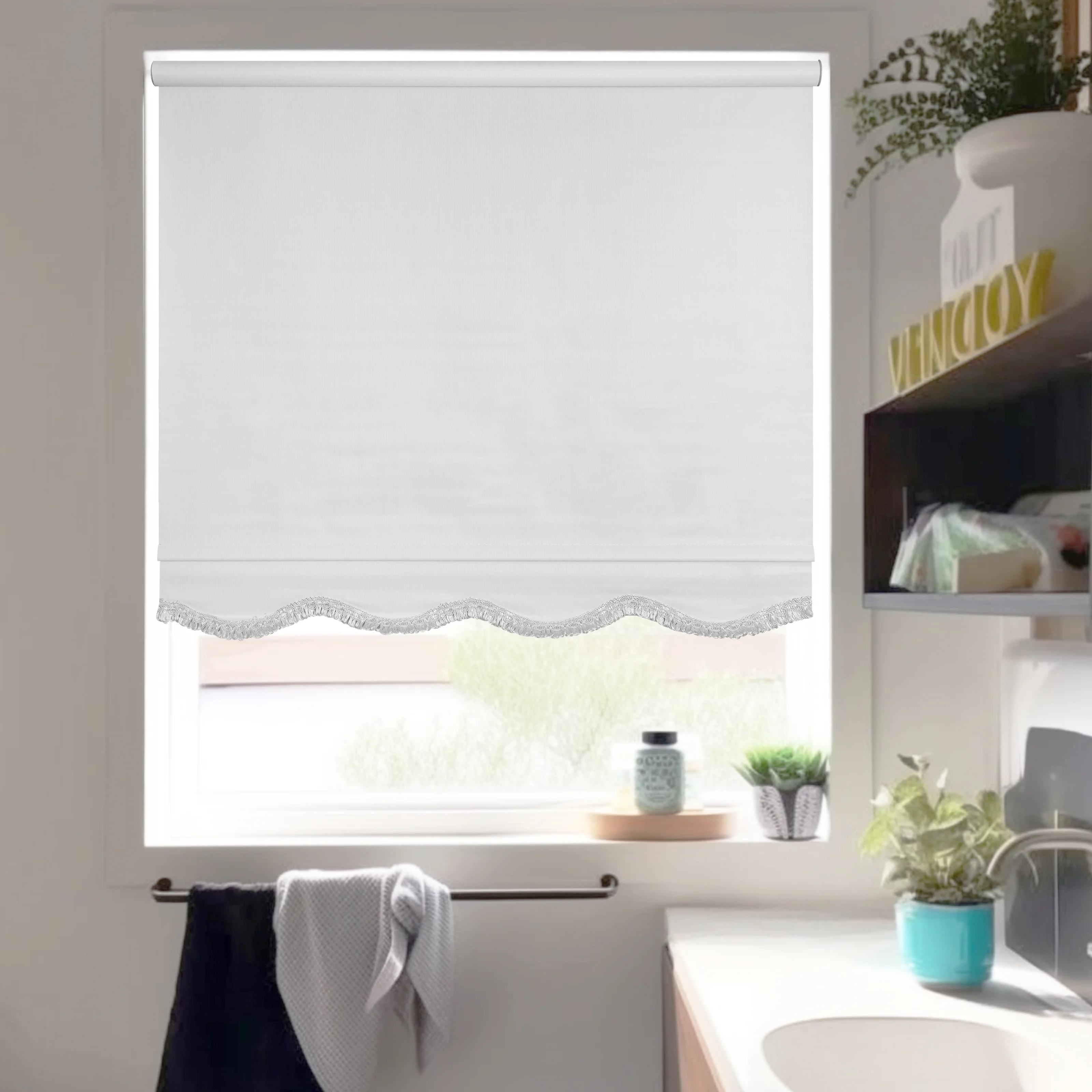 Chicology Fringe White Textured Cordless Blackout Privacy Vinyl Roller Shade 53 in. W x 64 in. L