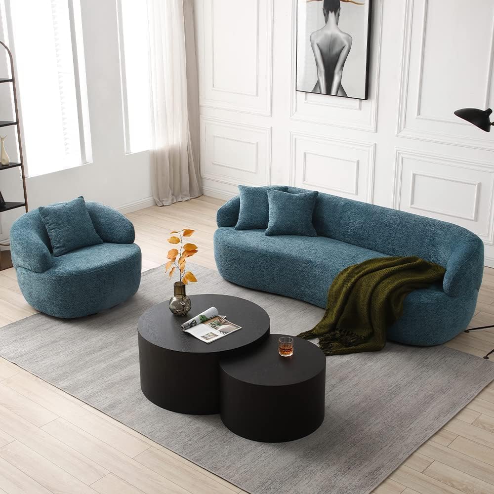 86.6'' Curved Sofa for Living Room Round Sectional Sofa Couch 3 Seater Upholstered Sofa Boucle Couch with Pillows for Apartment Home Office, Blue