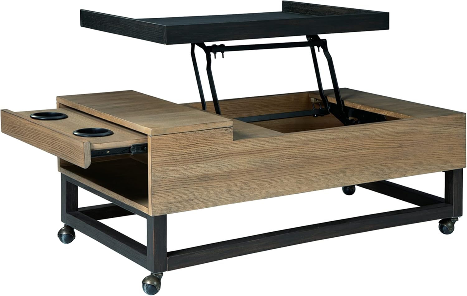 Signature Design by Ashley Fridley Modern Lift Top Cocktail Table with Cupholders and Casters, Light Brown