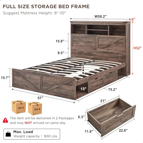 Queen Size Wood Bed Frame Farmhouse with 52" Tall Storage Bookcase Headboard, LED Light,Charging Station,4 Drawers and Solid Wood Slats Support