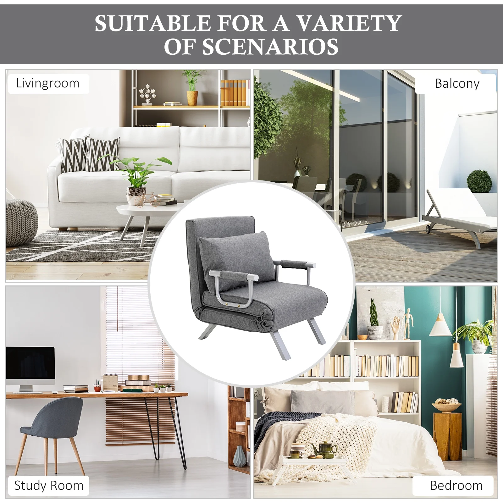 HOMCOM Single Person Folding 5 Position Convertible Sofa Bed Linen Sleeper Chair, Light Grey