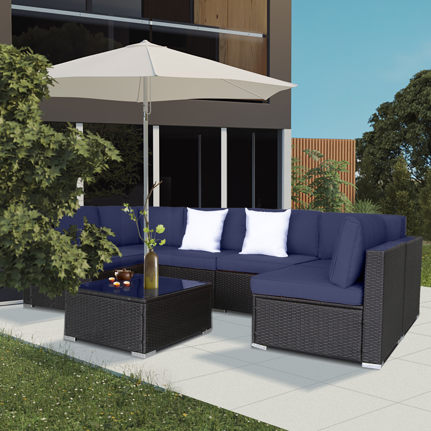 Outdoor Garden Terrace Blue Sofa Set of 7, PE Rattan and Small Yard Recreational Conversation Set with Cushions from EXCITED WORK