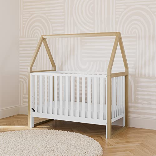 Storkcraft Orchard 5-in-1 Convertible Crib (White with Driftwood) – GREENGUARD Gold Certified, Canopy Style Baby Crib