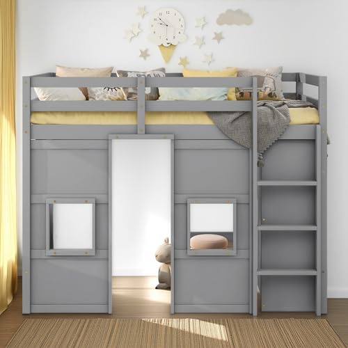 Full Size Loft Bed with L-Shaped Desk, Wardrobe and Storage Shelves, Solid Wood Bedframe w/Safety Guardrails & Ladder for Kids Teens Adults