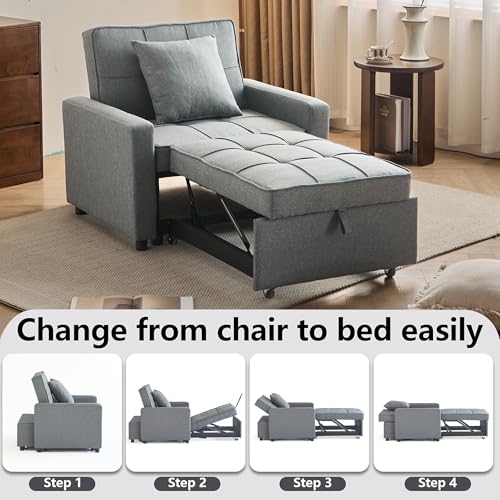 Sofa Bed Chair Convertible ，Sleeper Sofa with Pull-Out Bed ，3-in-1 Futon Couch with Reclining Backrest and Side Pocket (Blue, 35.6‘)
