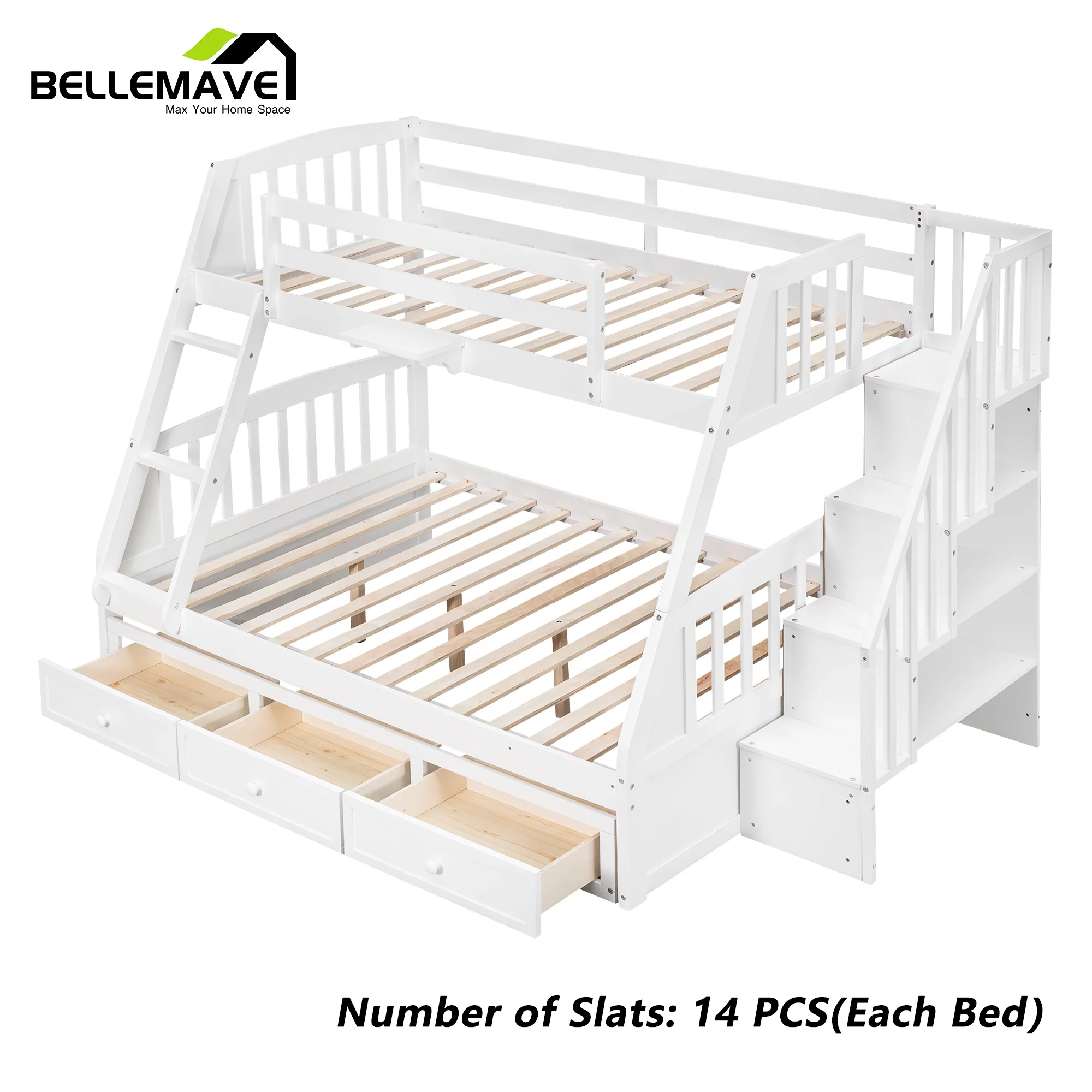 BELLEMAVE Twin over Full Bunk Bed with there drawer, bulid in ladder and storage stairs, Convertible into 2 beds