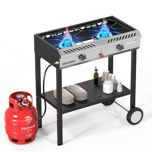 ROVSUN 2 Burner Outdoor Propane Gas Stove with Auto-ignition, Regulator & Shelf, 150