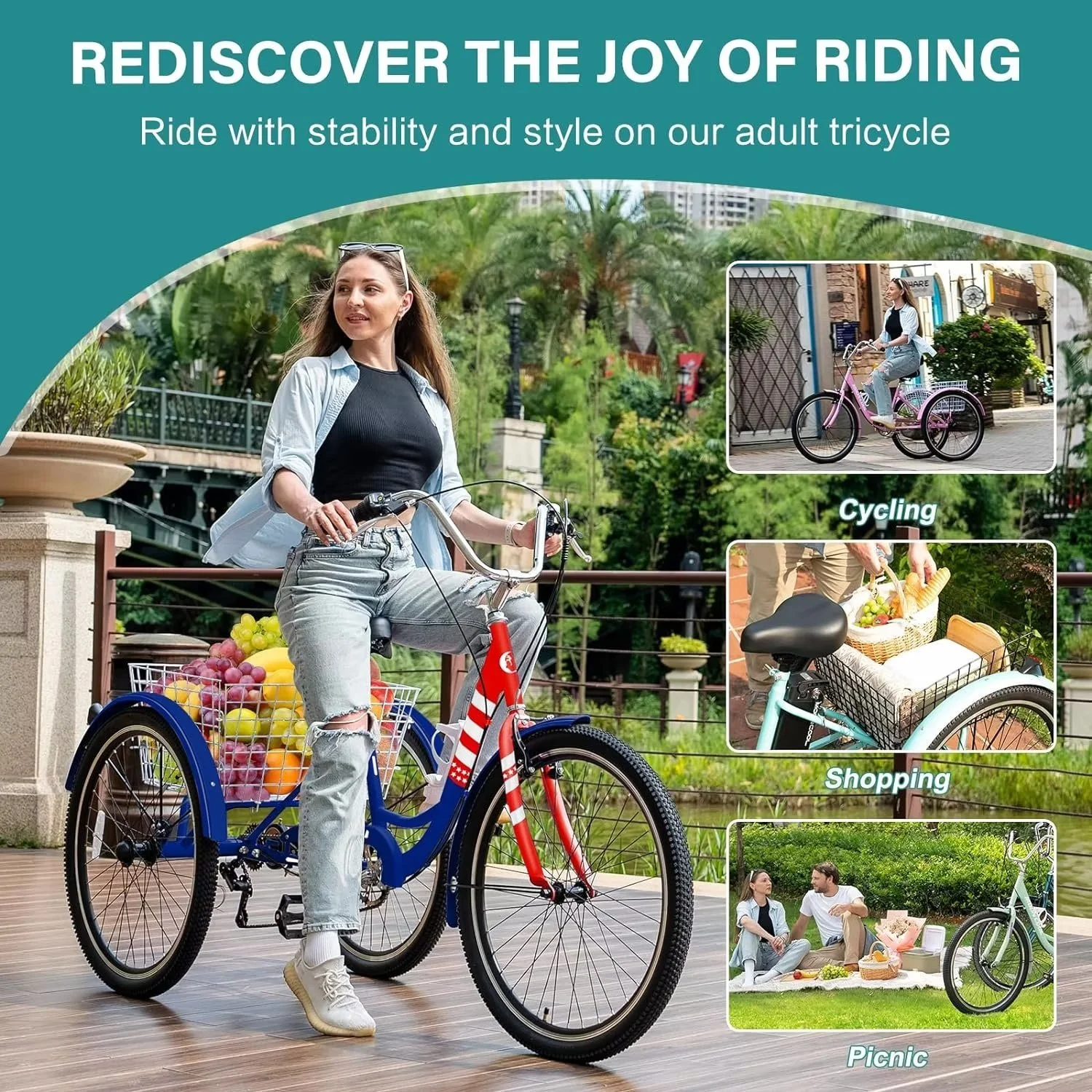 MOPHOTO 7 Speed Adult Tricycle 26 in/24in/20in, Trikes for Adults, Adult Tricycle with Basket & Dual Braking System, Adult Trikes for Women, Men
