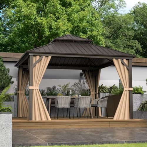 Domi 10’ x 10’ Hardtop Gazebo Metal Frame Canopy with Netting & Curtains