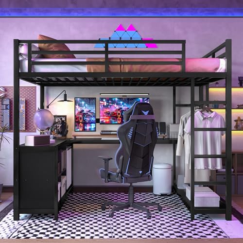 Bellemave Queen Size loft Bed with L Desk, Wardrobe, Metal Queen Loft Bed Frame for Adults, Kids, Teens, Black