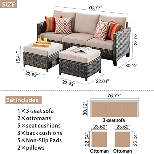 ovios Patio Sofa with 2 Ottomans, 3-Pieces Outdoor Rattan Wicker Couch with 2 footrests, All Weather 5 Seater Sofas Couches for Porch, Backyard
