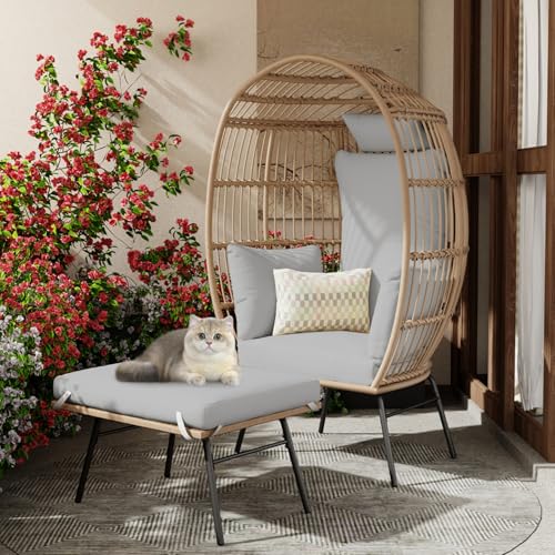 Oversize Wicker Egg Chair with 4 Comfy Cushions, Big Egg Shaped Lounger with Ottoman, Rattan Reading Chairs for Indoor Outdoor Patio Porch Backyard