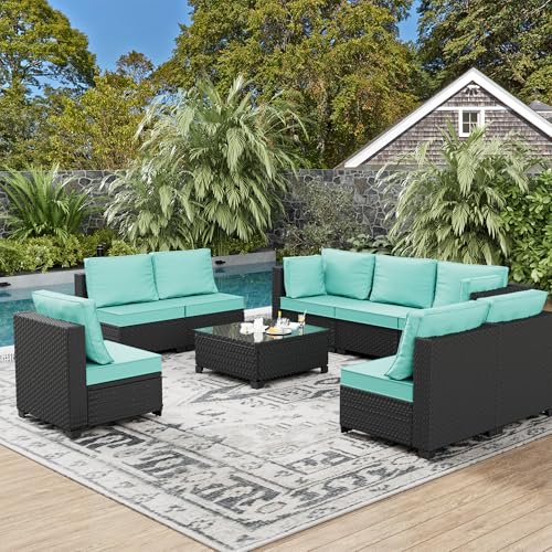 8-Person Rattan Patio Conversation Sets Outdoor Furniture Set Sectional Sofa Group（Cushions Color: Beige and White Stripe）