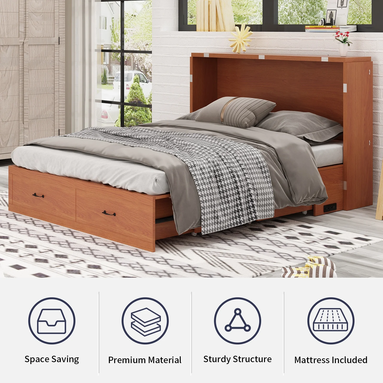 ijuicy Murphy Bed Cabinet with Built-in Charging Station and Storage Drawer, Solid Wood Cabinet Bed Queen Size with Mattress