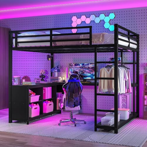 Bellemave Queen Size loft Bed with L Desk, Wardrobe, Metal Queen Loft Bed Frame for Adults, Kids, Teens, Black