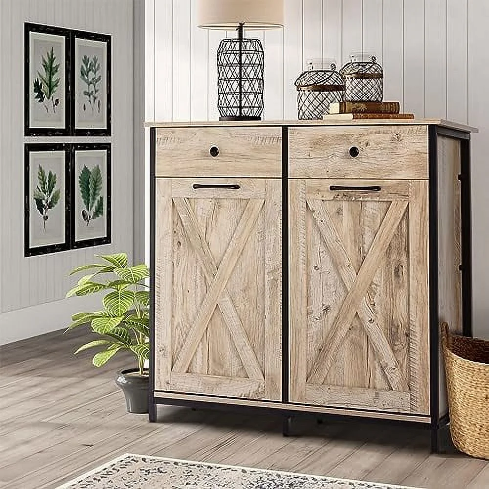 TJUNBOLIFE Double Barn Door Style Trash Cabinet  Double Tilt Out Trash Cabinet with Solid Hideaway Drawer Rustic Kitchen Trash Cabinet Free Standing
