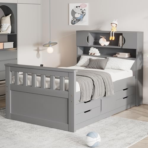 Harper & Bright Designs Twin Size Captain Platform Bed with Bookcase Headboard, Wood Twin Bed Frame with Storage Drawers and Shelves