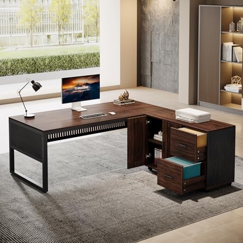 Tribesigns 63-Inch L-Shaped Executive Desk with Mobile File Cabinet, Large Office Computer Desk