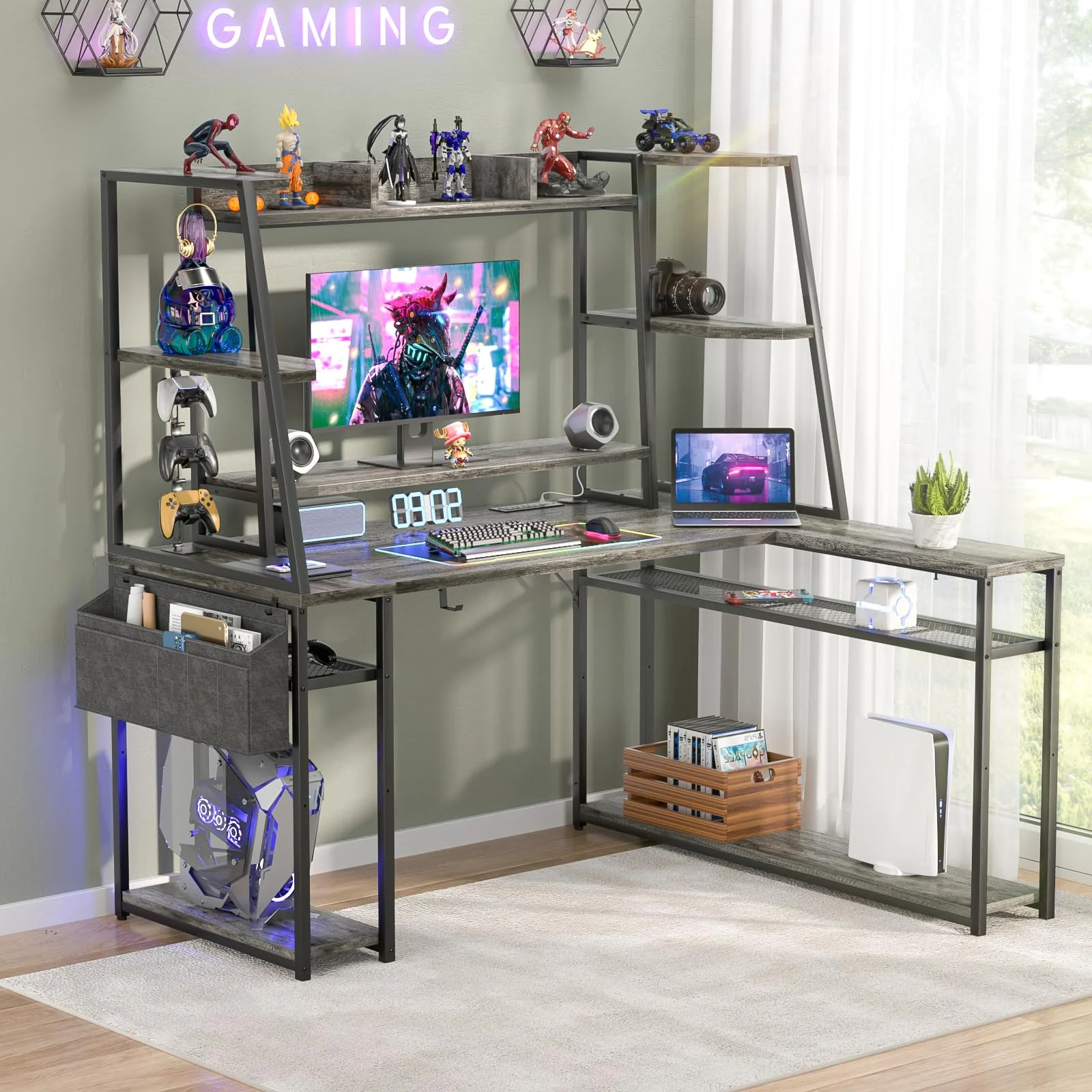 Homieasy Desk with LED Lights and Power Outlets, 47'' Reversible Large Corner Computer Desk with Hutch and Storage Shelf