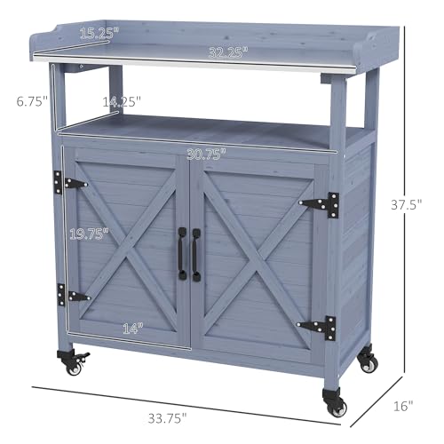 Outsunny Outdoor Wooden Potting Bench Table, Garden Workstation with Storage Cabinet, Aluminum Table Top, Rubber Wheels for Backyard, Patio, Balcony