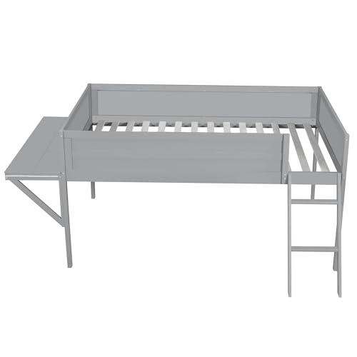 Modern Full Size Gaming Loft Bed with Built-in Desk and Storage Wardrobe, Wood Loft Bed Frame with Light Strip and 2 Drawers