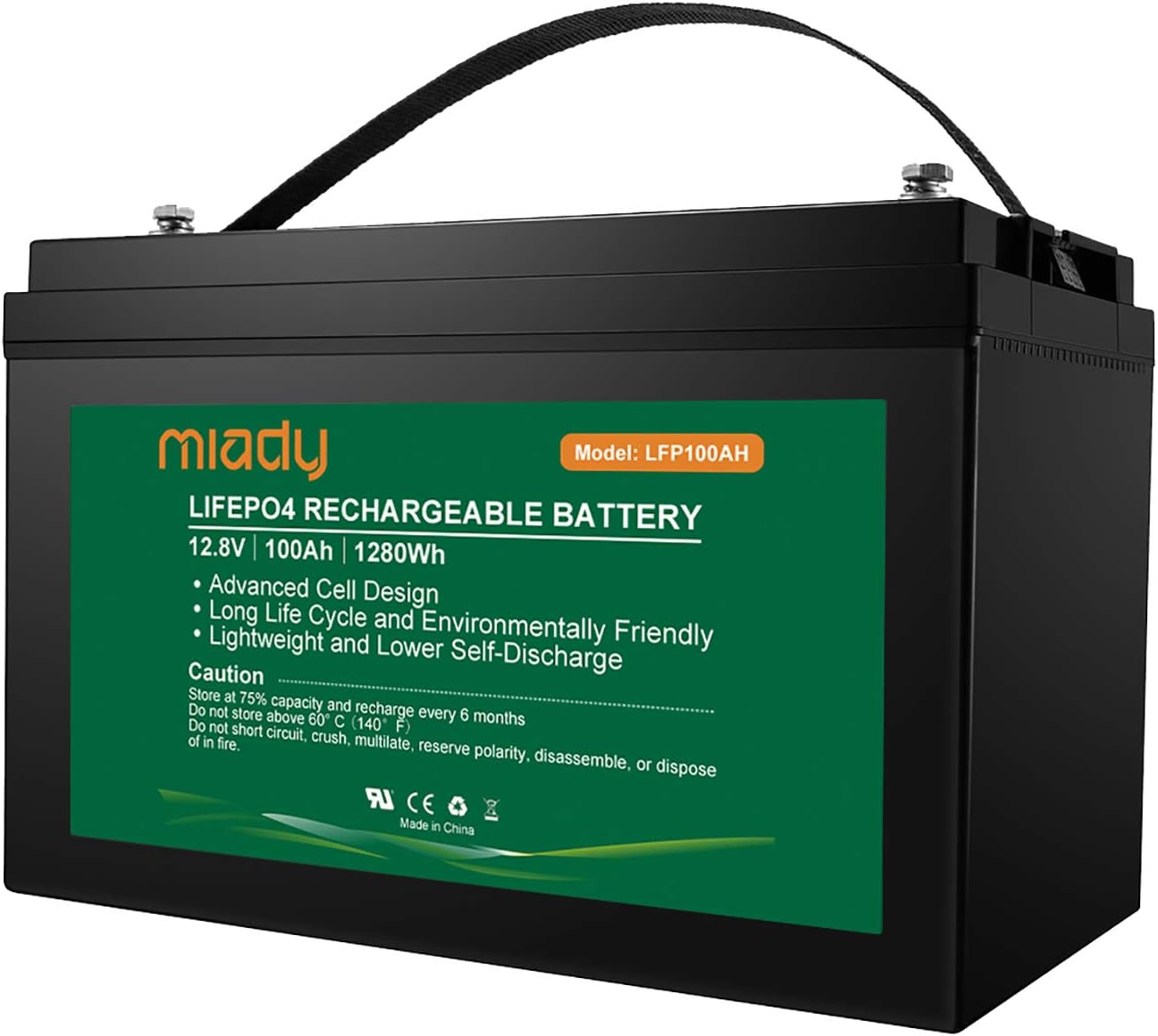Miady 12V 100Ah Lithium Phosphate Battery, 2000+ Cycles LiFePO4 Battery, Replacement Battery for Solar Power, RV, EV and Marine Applications