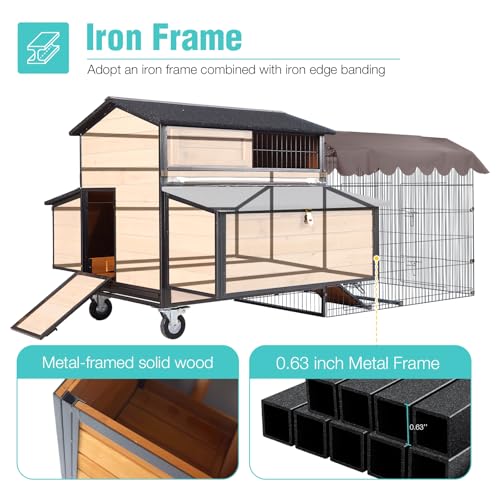 Large Chicken Coop for 3-6 Chickens,All-Steel Frame Hen House with Wheels,Nesting Box,Metal Run,Waterproof Rain Cover Duck Coop