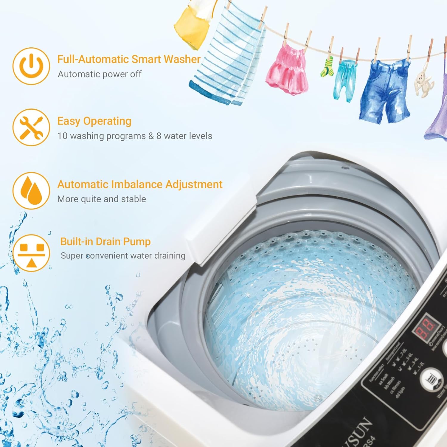 ROVSUN Portable Washing Machine, 1.32cu.ft Compact Washer, 13LBS Fully-Automatic Laundry Washer with Drain Pump & 10 Programs 8 Water Levels