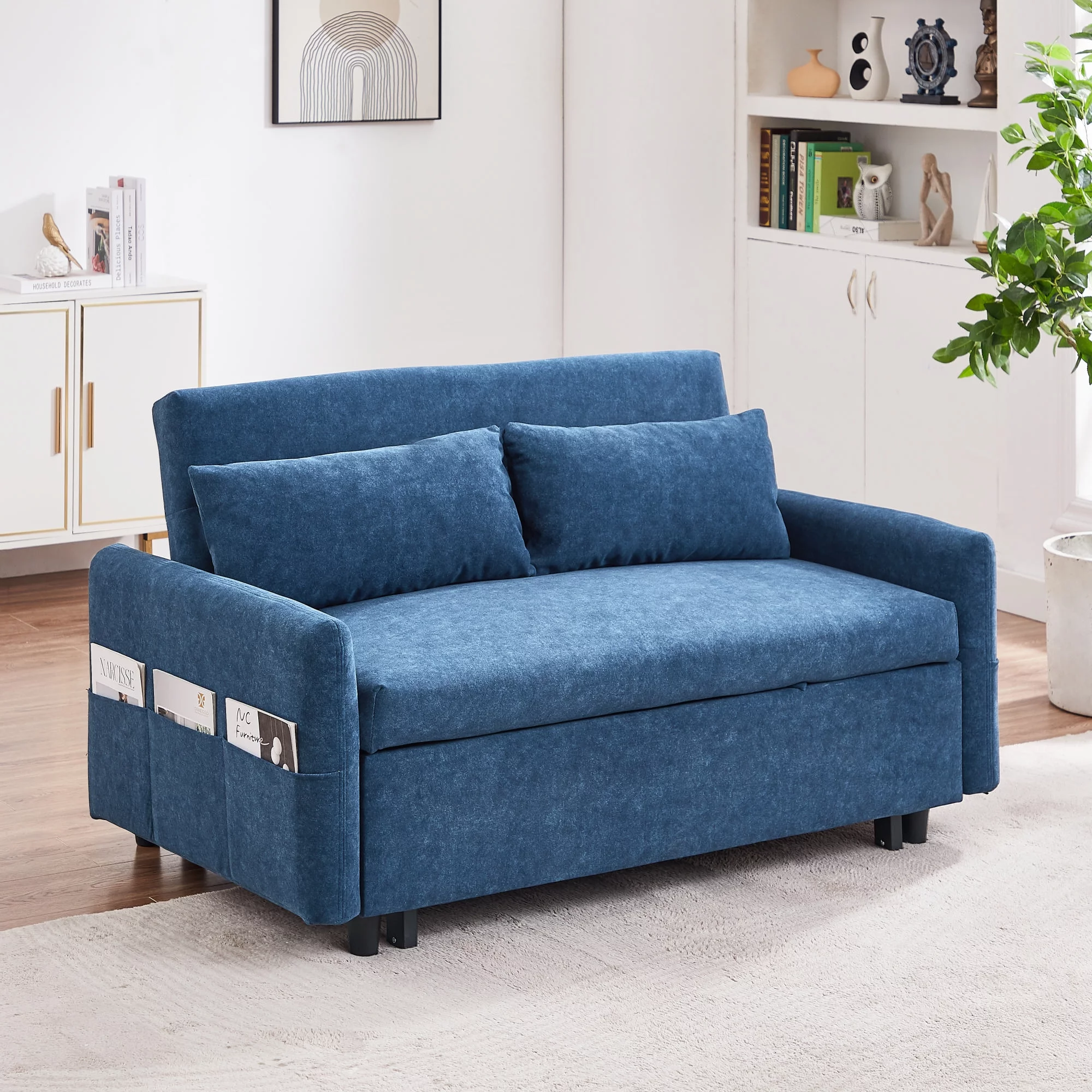 Churanty 55.1" Pull Out Sleep Sofa Bed Loveseats Sofa Couch with Adjsutable Backrest, Storage Pockets, 2 Soft Pillows for Living Room, Bedroom