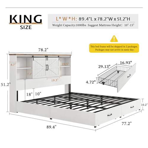 VanAcc Full Size Bed Frame, Wooden Platform Storage Bed with 51.2" Bookcase Headboard, 2 Drawers