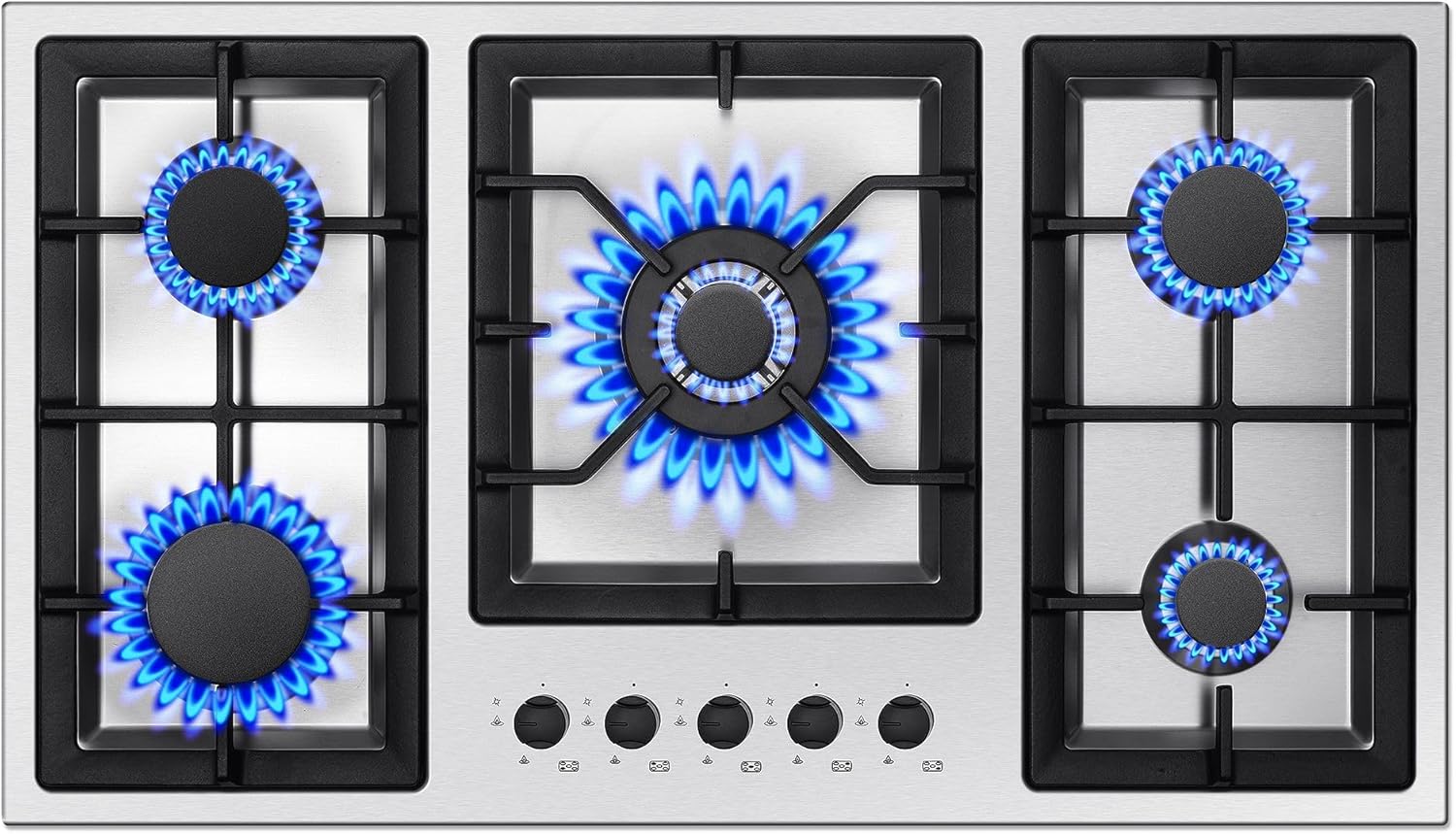Gas Cooktop 36 Inch, 5 Burner Gas Stove Top, Built in Stainless Steel 36 Inch Gas Hob with Thermocouple Protection, LPG/NG Convertible Propane Cooktop