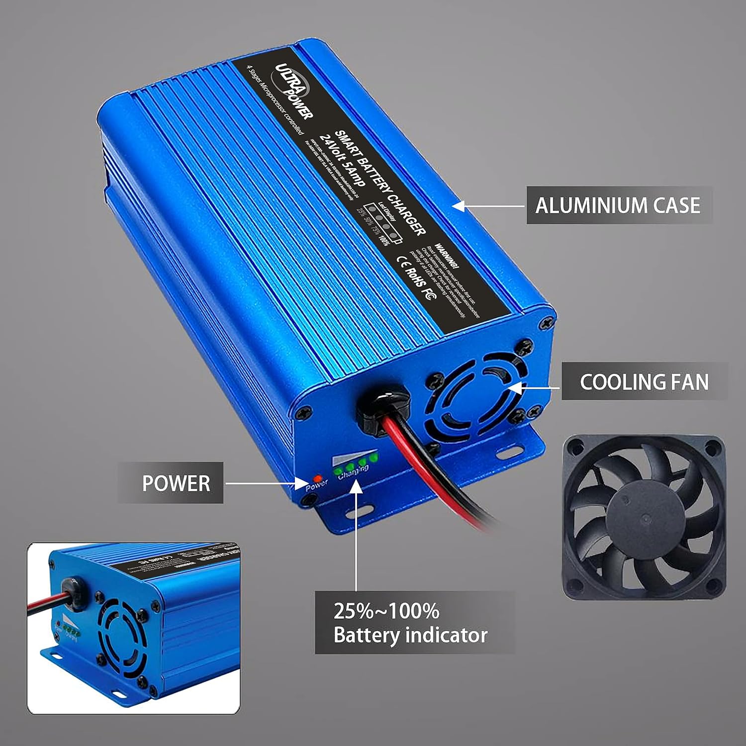 ULTRAPOWER 24 Volt Battery Charger Automatic Smart Charger 5-Amp Trickle Battery Charger Maintainer desulfator for Car Truck Marine Boat Truck
