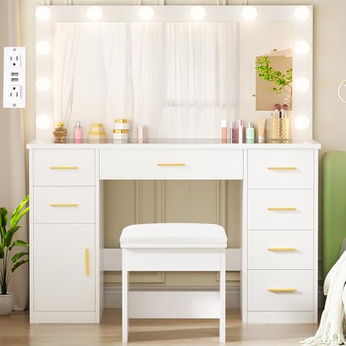 ANWBROAD Large Vanity Desk with Lighted Mirror White Makeup Vanity Set with Glass Top & Power Outlet & 7 Drawers Storage 3 Color Lighting Modes