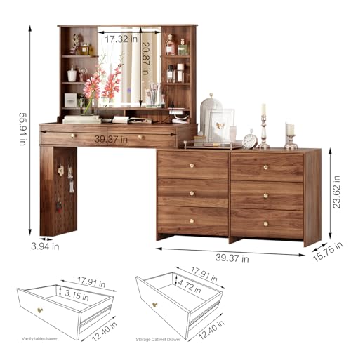 Large Makeup Vanity Desk with Mirror and Lights, Vanity Desk with 8 Drawers & Storage Shelves, Vanity Table with Power Outlet
