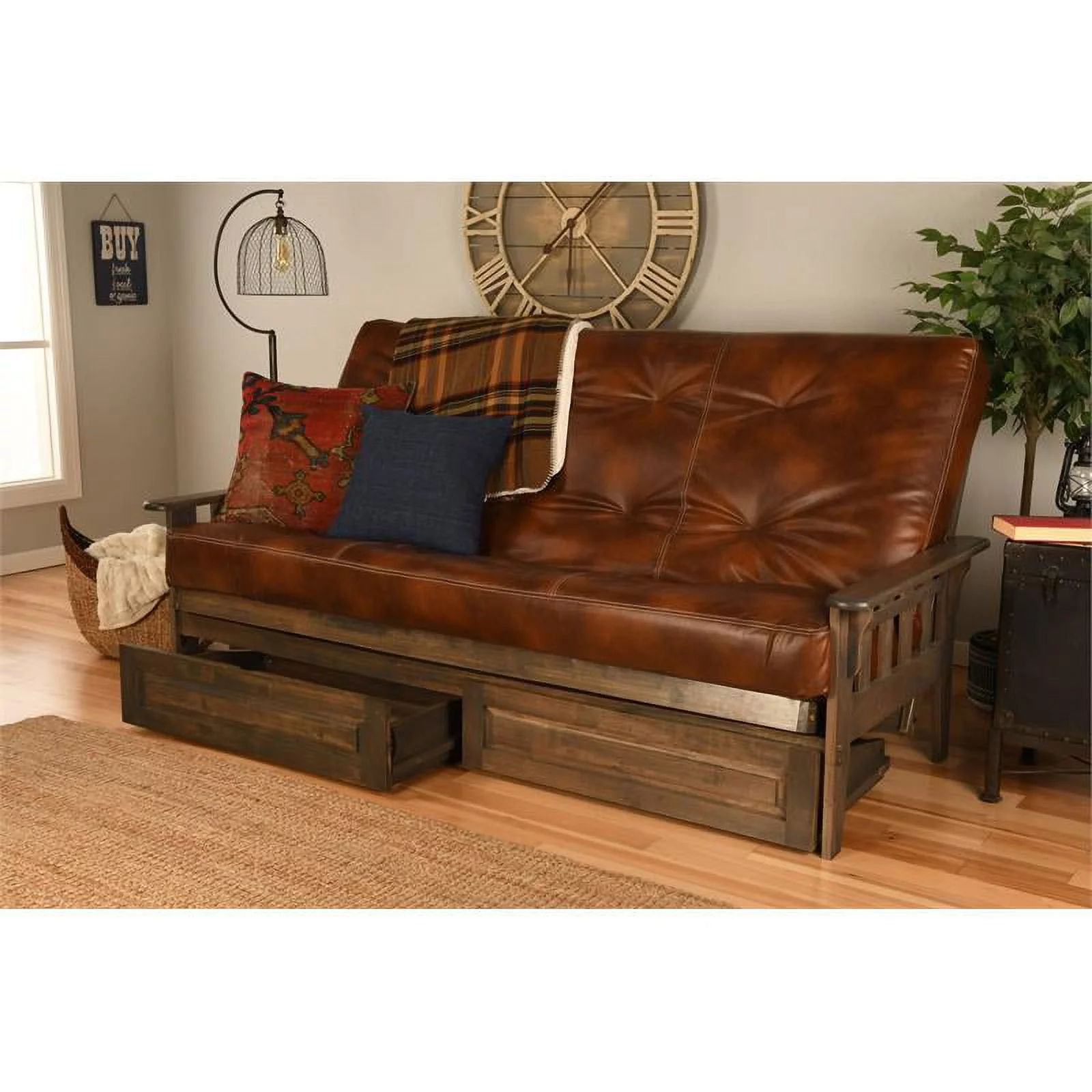 Pemberly Row Queen Storage Futon with Brown Faux Leather Mattress
