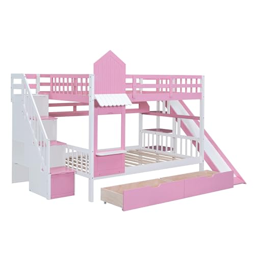 Kids Bunk Bed with Stairs and Slide, Wood Twin Over Twin Bunk Bed with Storage Drawers and Shelves, Castle Style Bunk Beds for Kids Teens Girls Boys