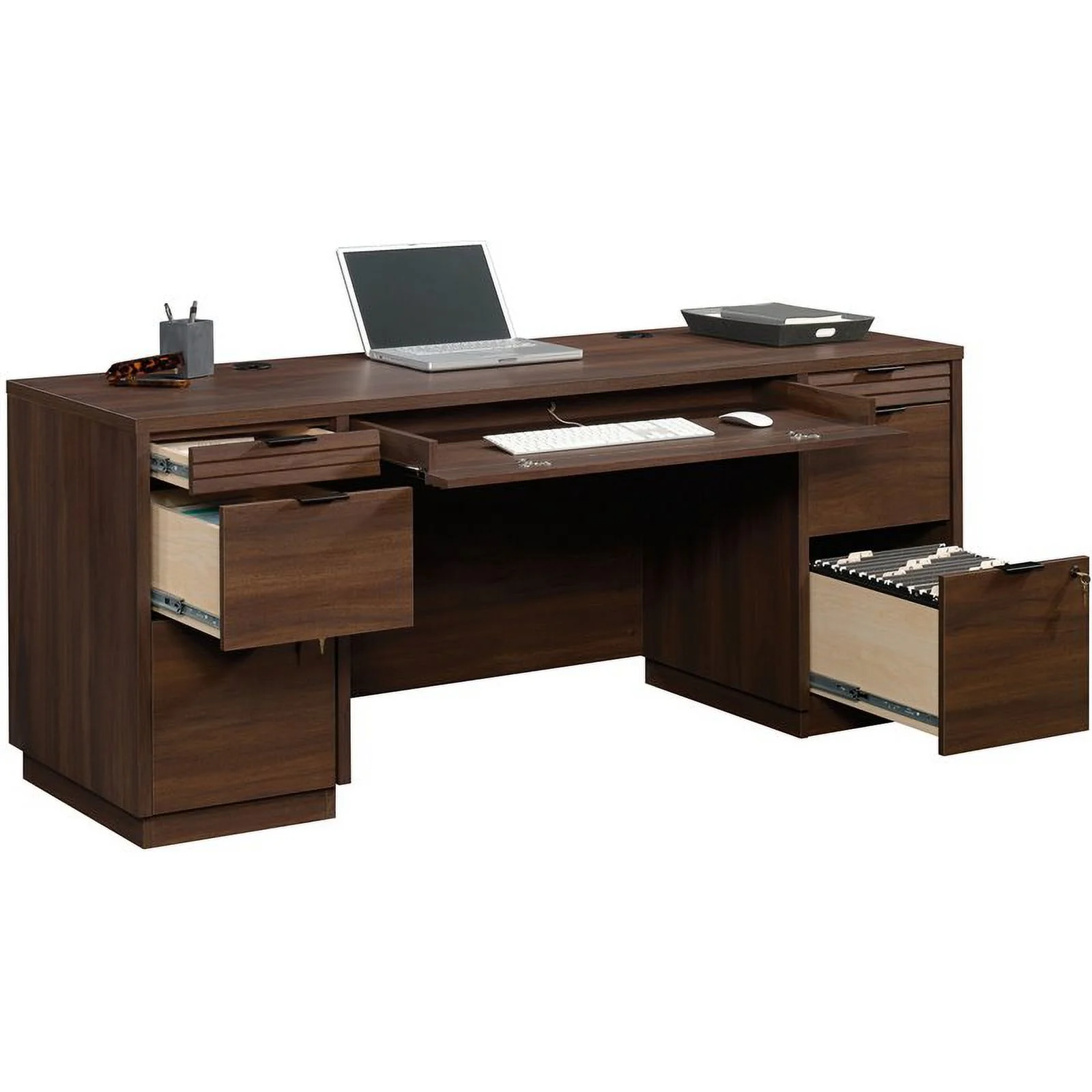 Pemberly Row 72" Wooden Knee Space Computer Credenza Desk in Spiced Mahogany