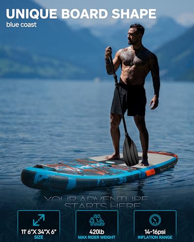 11'6''×34"×6" Extra Wide Inflatable Paddle Board, Stand Up Paddle Board, Sup Board with 3 Removable Fins, 10L Waterproof Bag, 16 D-Rings, Backpack