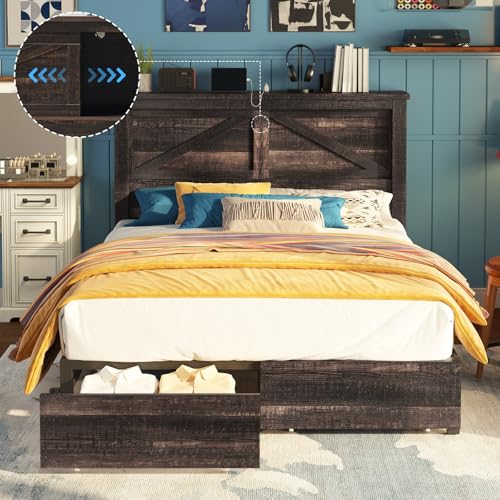 AMERLIFE 47.2" H King Bed Frame with Hidden Space Bookcase Headboard and Charging Station, Beds with 2 Storage Drawers and Wood Slats