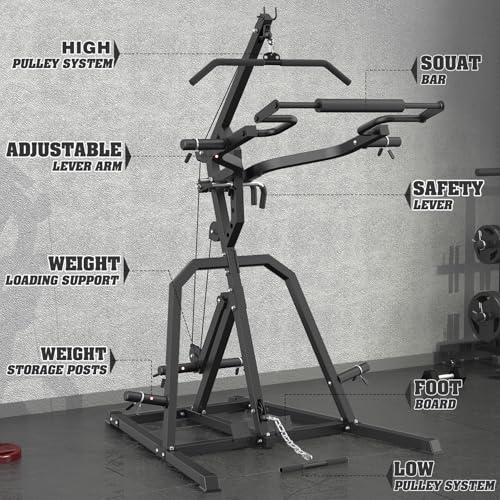 DONOW Leverage Gym Power Rack Squat Rack Lever Gym with LAT Low Row System Home Gym System Workout Station 2:1 Ratio (Without Weight Plates)