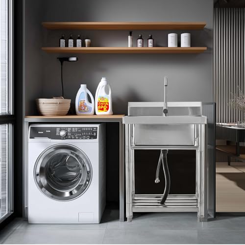 Utility Sink Stainless Steel Free Standing Single Bowl Laundry Outdoor Commercial Kitchen Sink with Cold Hot Pipe for Bar, Garage, Restaurant