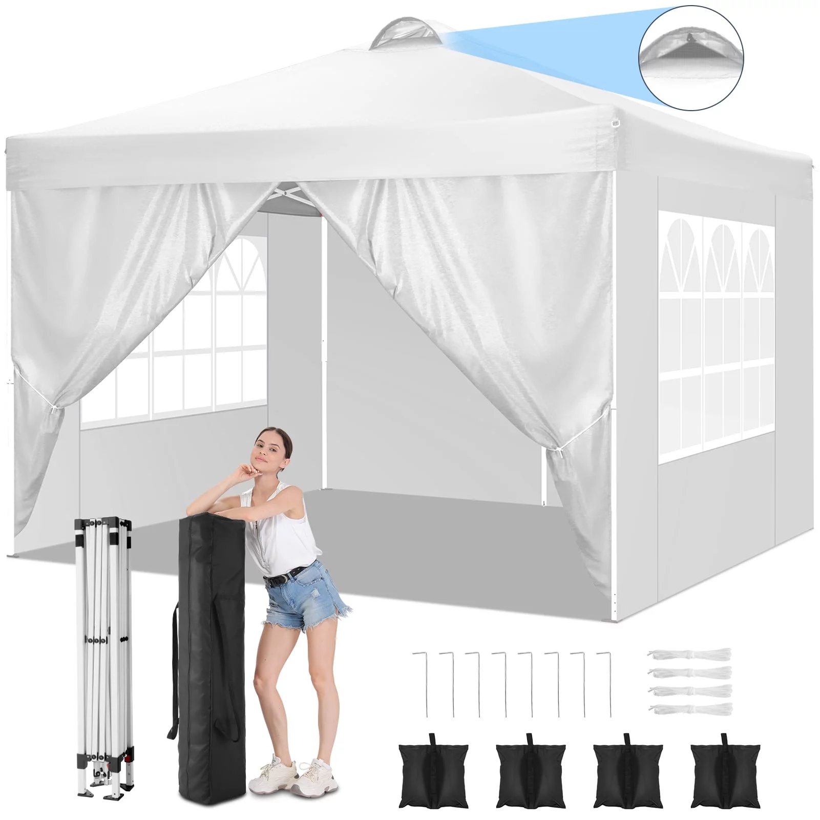 10'x10' EZ Pop Up Canopy with Top Vent, Large Commercial Tent, Waterproof and Sunproof with 4 Removable Sidewalls