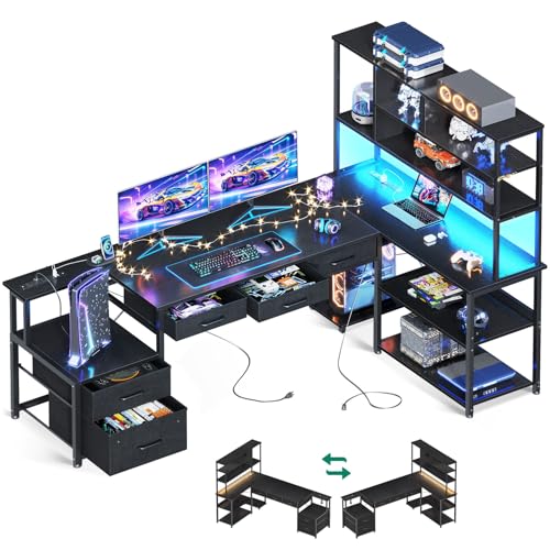 AODK 71 inch L Shaped Desk with File Drawers, Reversible L Shaped Gaming Desk with Power Outlets & LED Lights