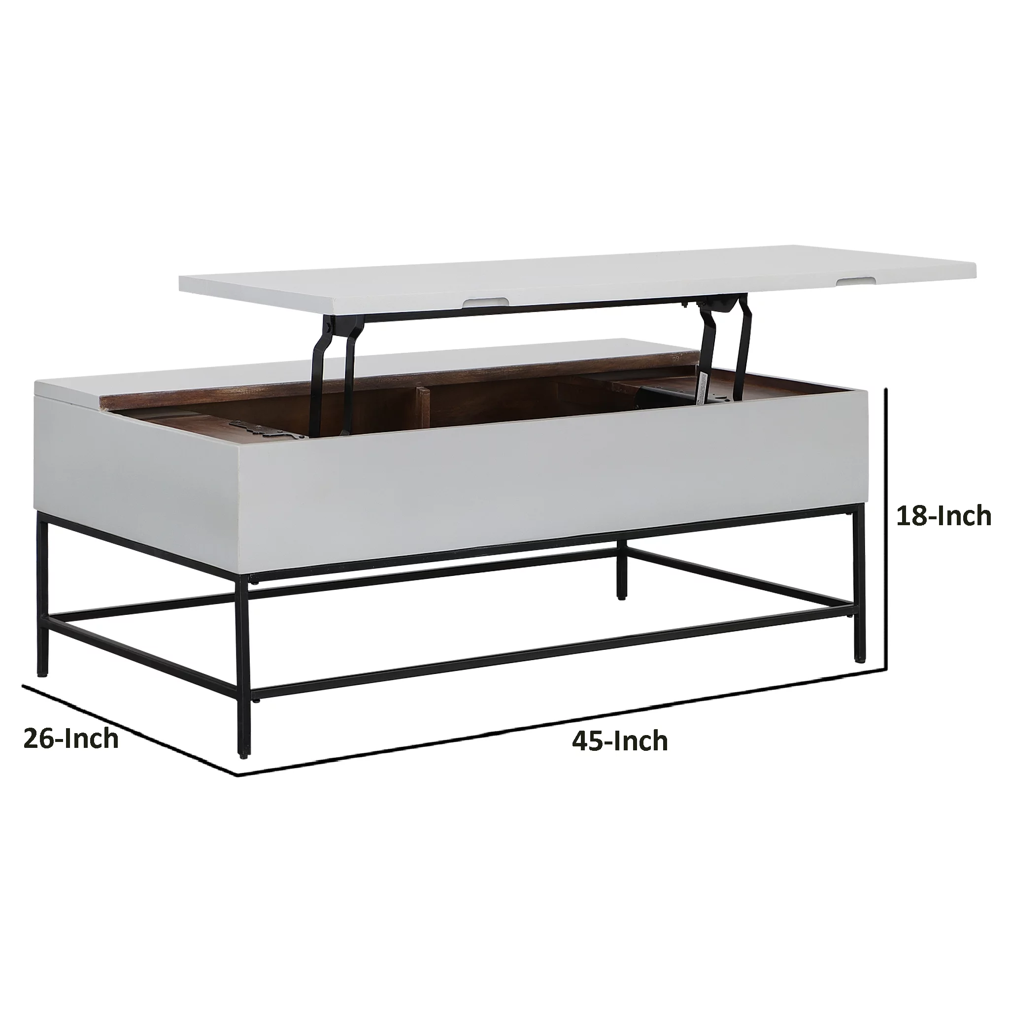 45 Inch Rectangular Mango Wood Coffee Table, Lift Top Storage, Iron Frame, White, Black