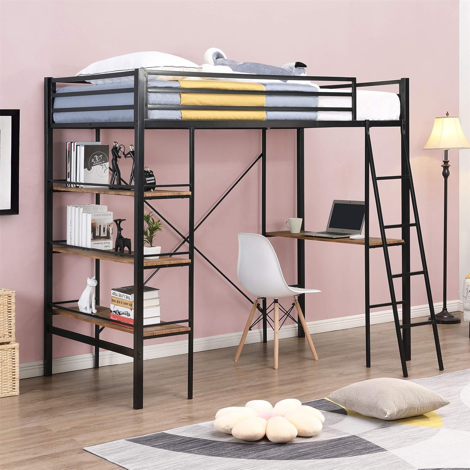 Metal Loft Bed Studio Loft Bunk Bed Over Desk and Bookcase with 2 Ladders and Keyboard Tray,Twin Loft Bed for Dorm, Boys & Girls Teens Kids, Black