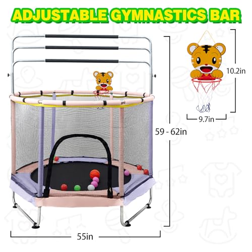Trampoline for Kids, 5FT Adjustable for Toddler, Indoor/Outdoor Baby Trampoline with Enclosure Net, No-Gap Safe Design, Gifts for Boys & Girls