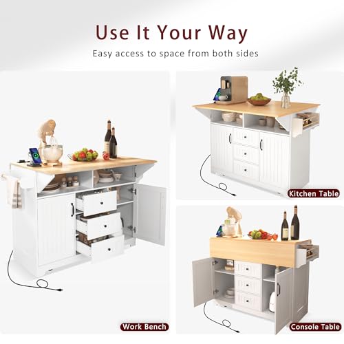 Large Kitchen Island Cart with 2 Drop Leaf, Mobile Dining Table with Storage Cabinet, Rolling Kitchen Cart with Power Outlets, 3 Drawers