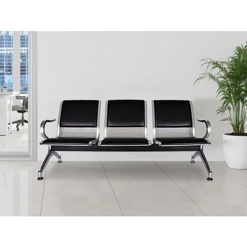 Waiting Room Reception Chairs - PU Leather Airport Reception Chairs With Arms, Office Guest Chairs For Bank, Hospital, Market (3-Seat, Black & Sliver)