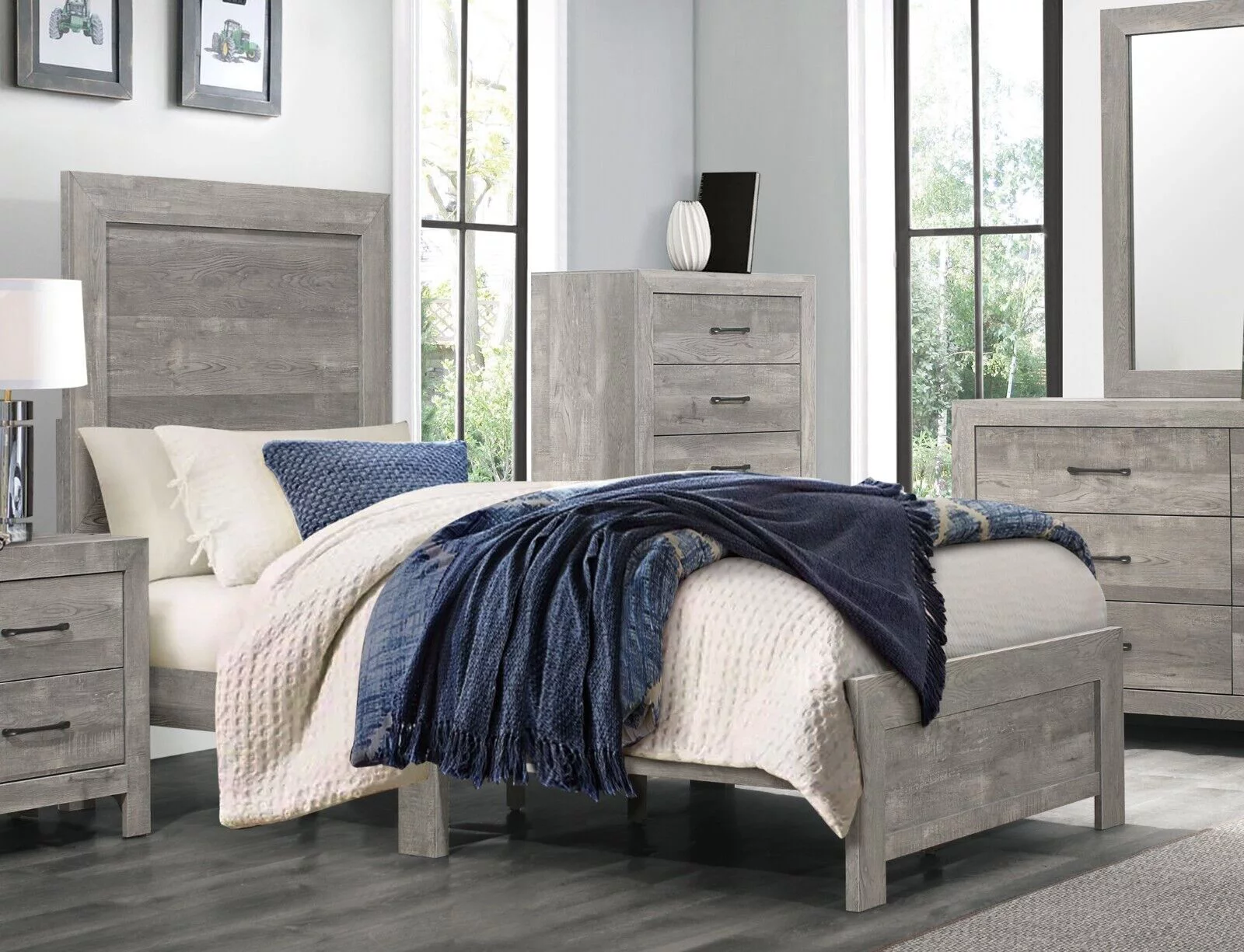 Gray Finish 4pc Bedroom Set Rustic Style Twin Size Bed Nightstand Dresser Mirror