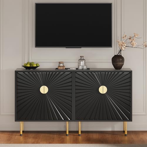 White Accent Storage Cabinet with Gold Handle Set 2- Decorative Flower Pattern Doors - Versatile Buffet Cabinet with Storage